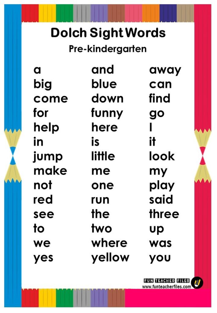 free printable dolch sight words with pictures