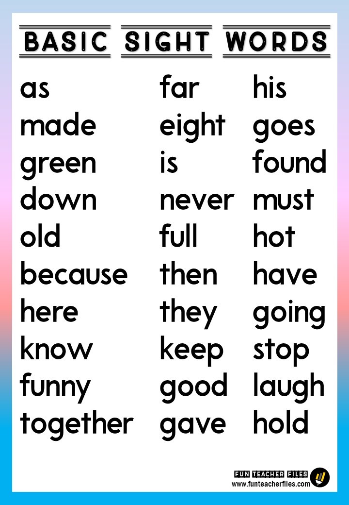 Basic Sight Words Chart - Fun Teacher Files