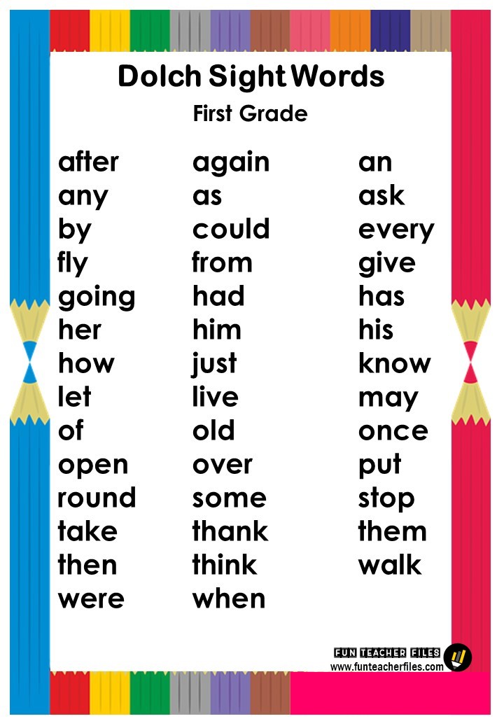 Dolch Sight Words Chart - Fun Teacher Files