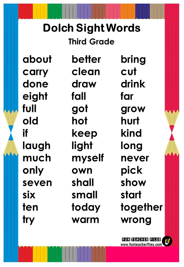 Dolch Sight Words Chart Fun Teacher Files