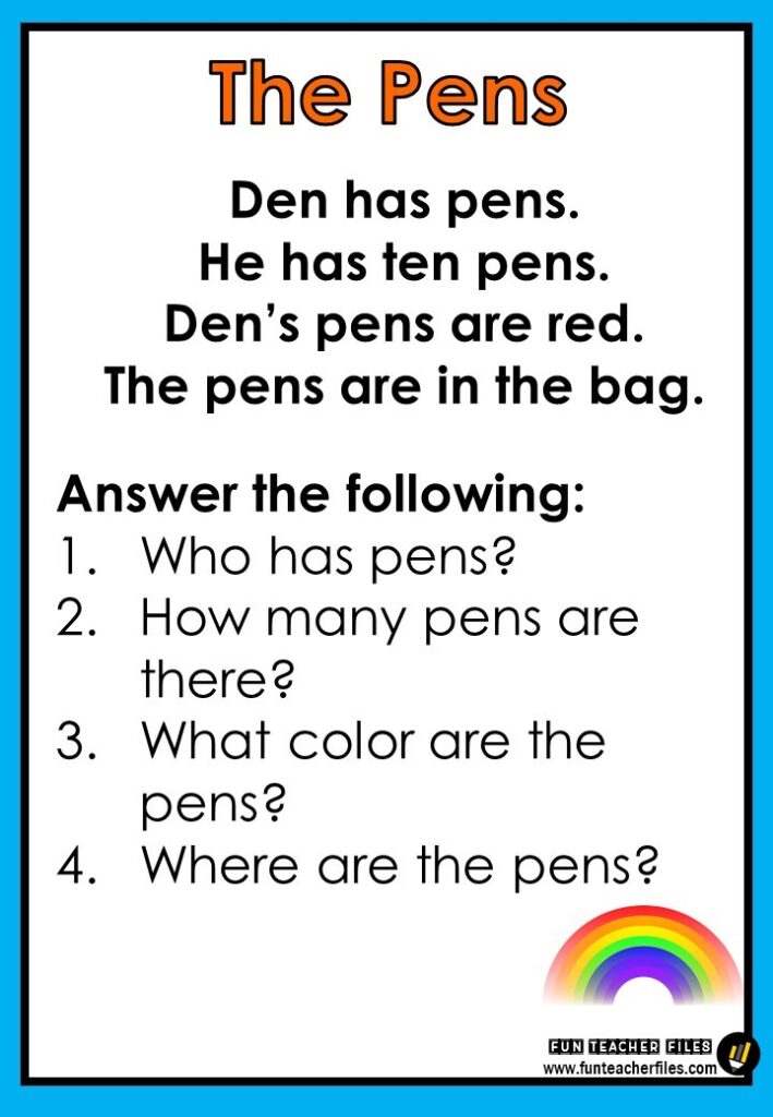 Reading materials with comprehension questions fun teacher files