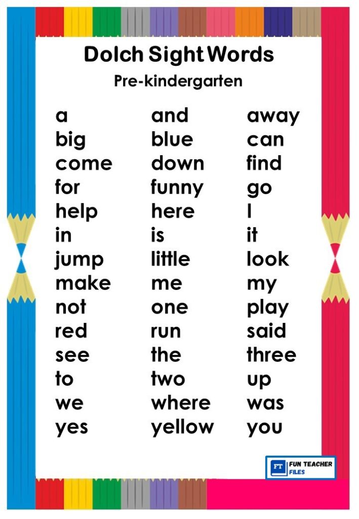 Dolch Sight Words Chart - Fun Teacher Files