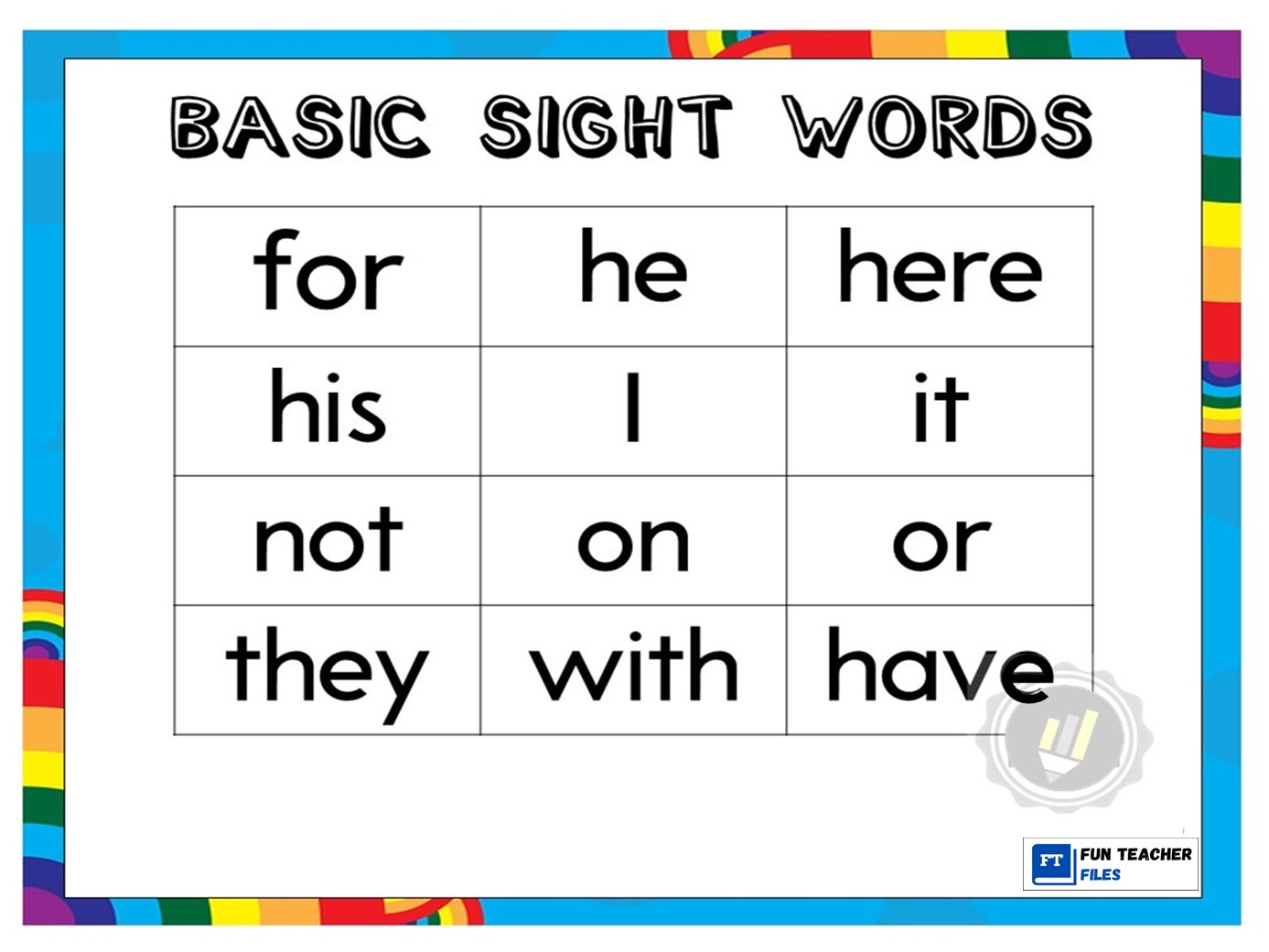 Teacher Fun Files Basic Sight Words Charts