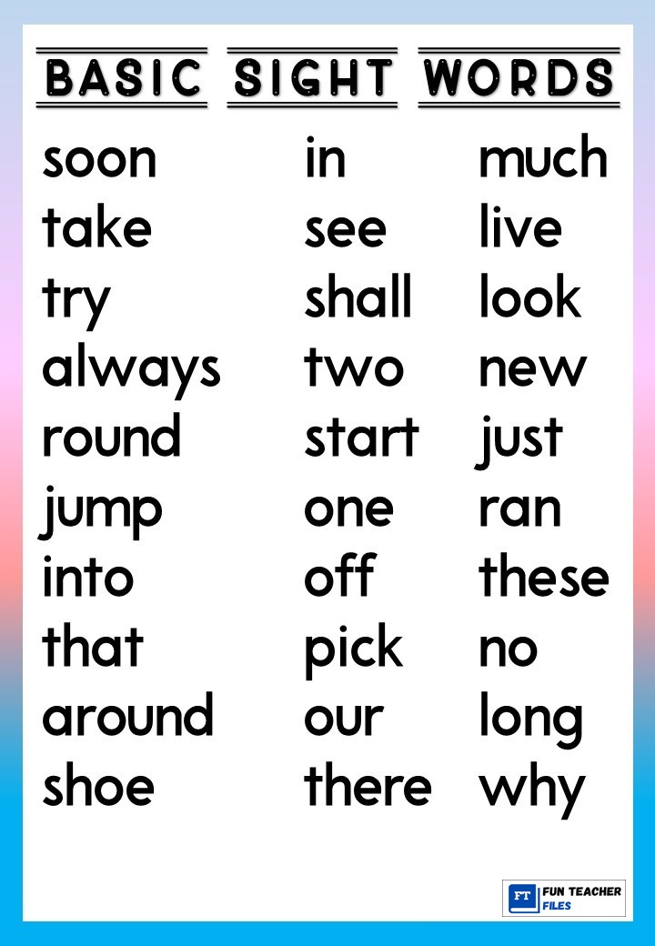 Basic Sight Words Chart - Fun Teacher Files