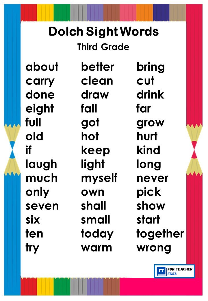 Dolch Sight Words Chart Fun Teacher Files