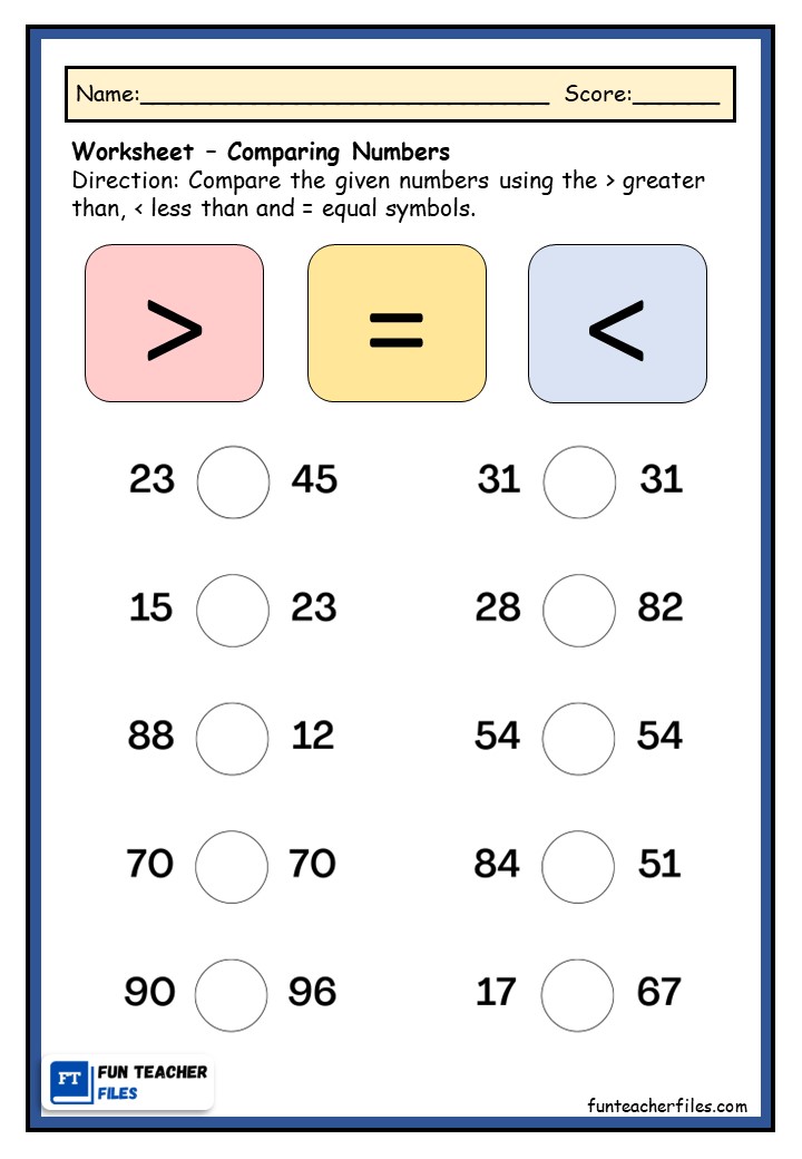 Comparing Numbers Using Symbols Worksheet