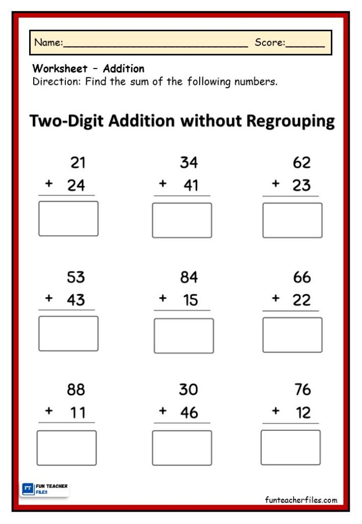 Addition Without Regrouping Worksheet Fun Teacher Files
