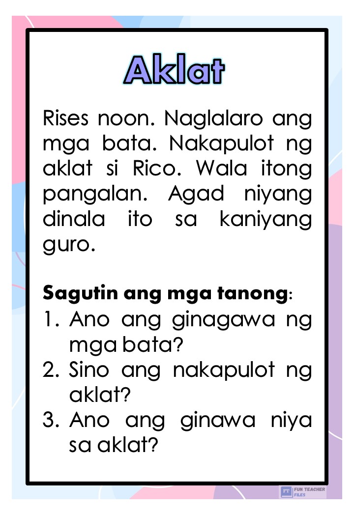Filipino Reading Passages With Comprehension Questions Set 1 Fun