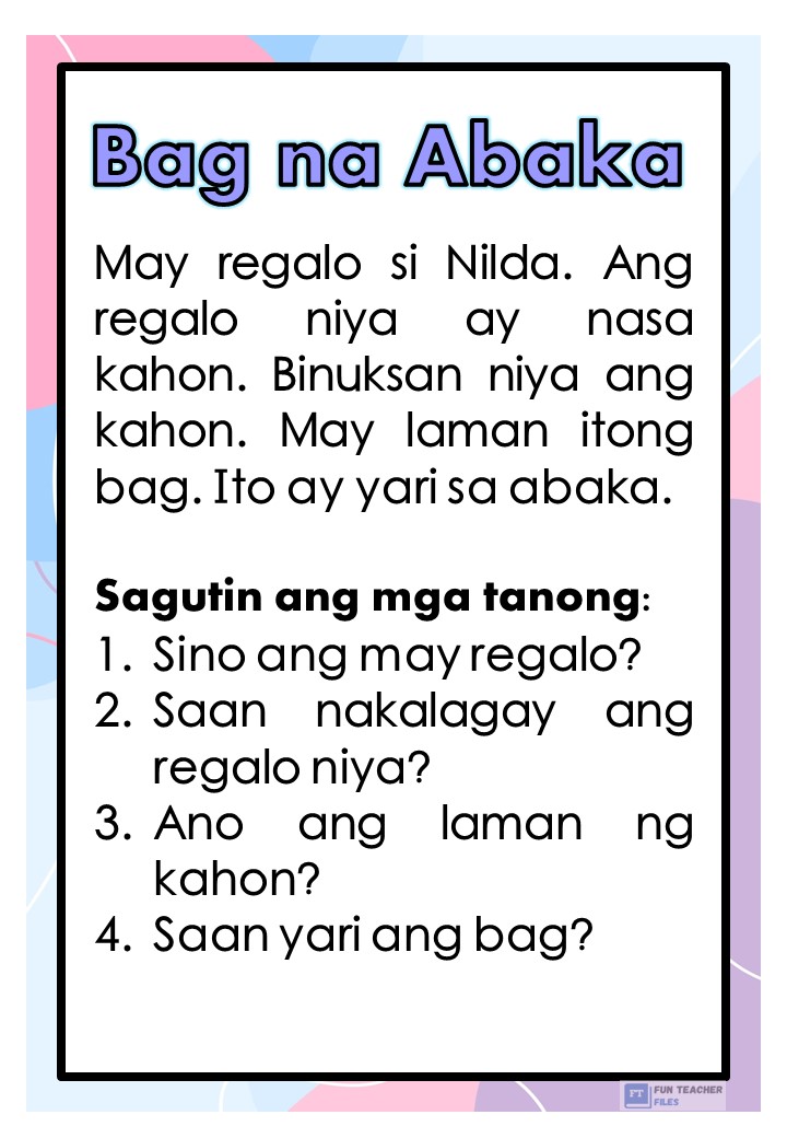 Pagbasa Filipino Reading Comprehension Worksheets For