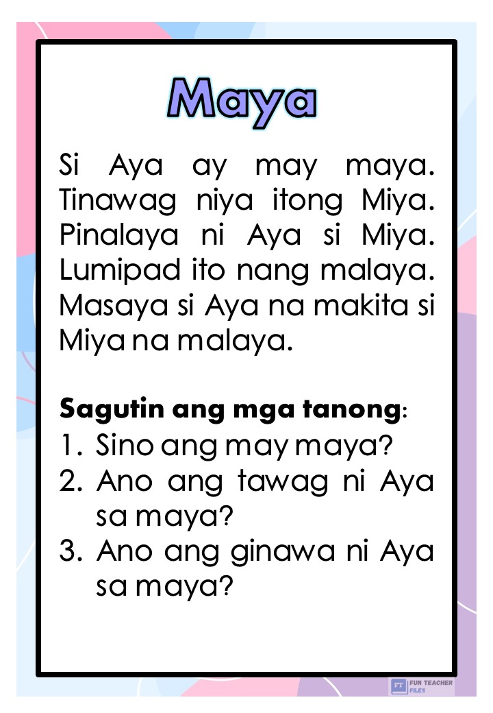 Filipino Reading Passages With Comprehension Questions Set 1 Fun