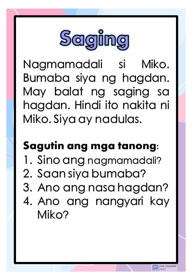 Filipino Reading Passages With Comprehension Questions Set 1 Fun 