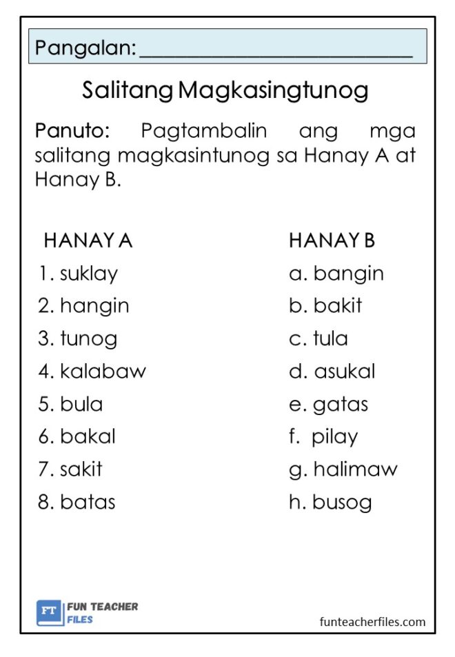 Mga Salitang Magkatugma Worksheet Grade 1