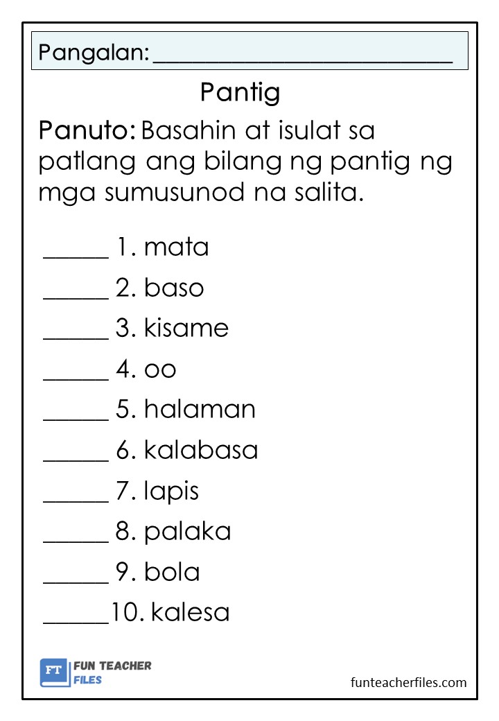 Bilang Ng Pantig Worksheets Set 1 Fun Teacher Files