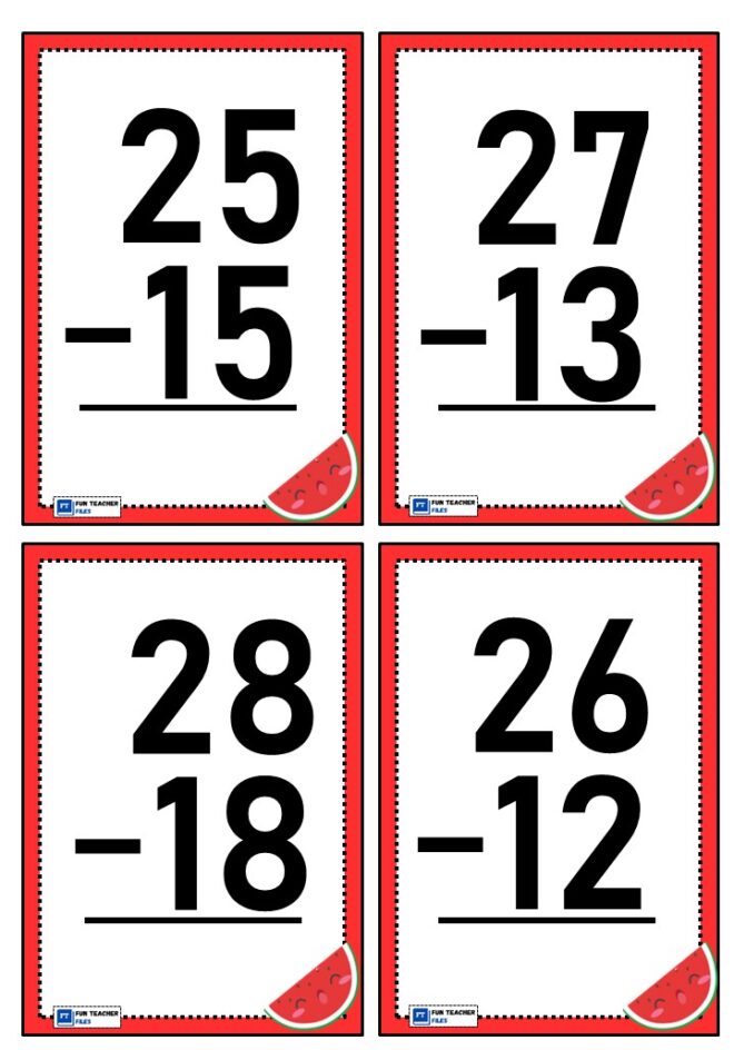 Two digit subtraction without regrouping flashcards fun teacher files