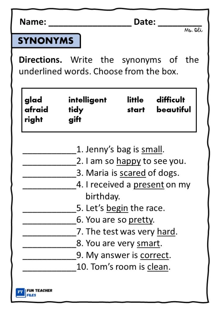 Synonyms Worksheet For Grade 5 With Answers