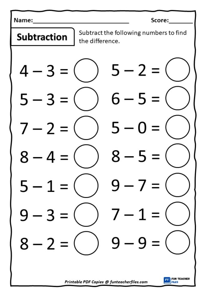 One Digit Subtraction Worksheets Set 1 - Fun Teacher Files