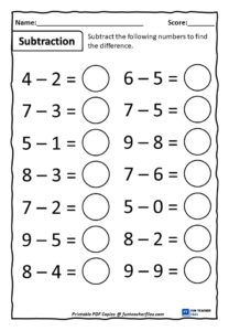 One Digit Subtraction Worksheets Set 1 - Fun Teacher Files