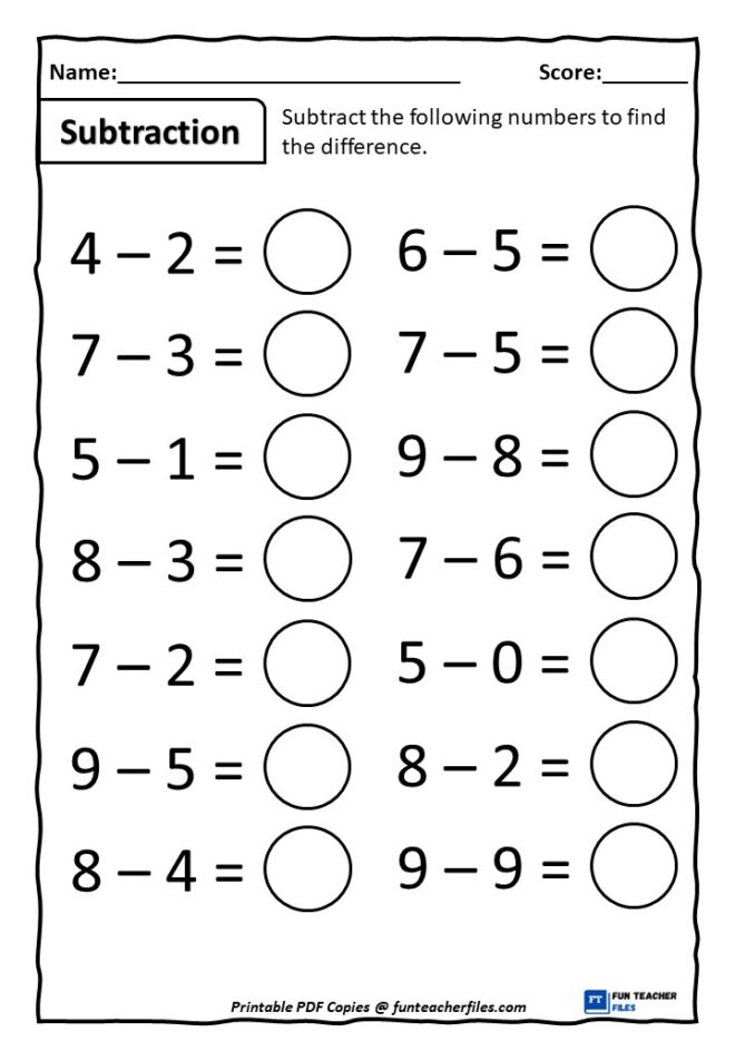 One Digit Subtraction Worksheets Set 1 - Fun Teacher Files