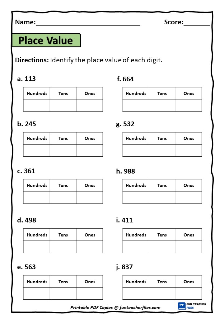 Place Value Ones Tens and Hundreds Worksheets Set 1 Fun Teacher Files