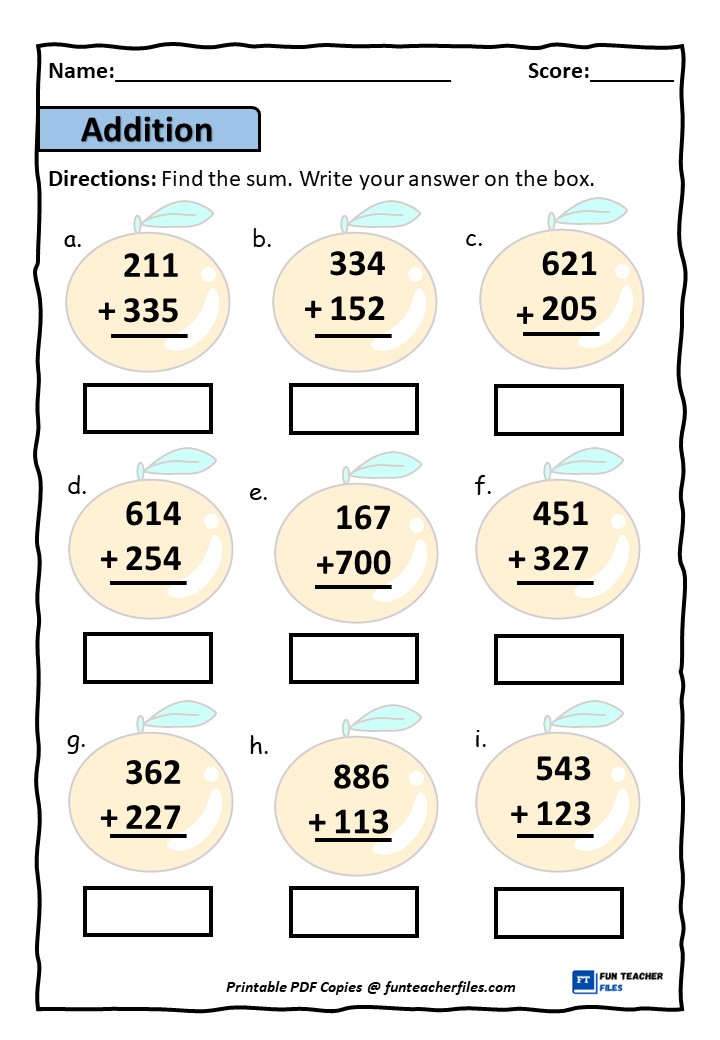 Three Digit Addition Worksheets Without Regrouping Set 1 Fun Teacher Files 7678