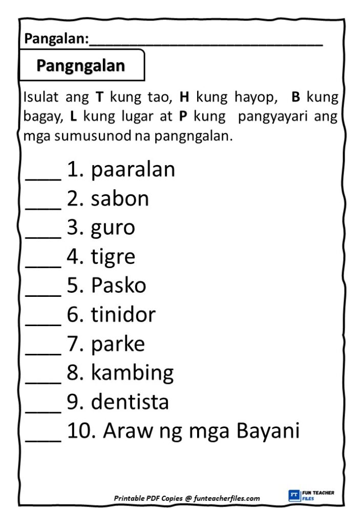 worksheet for grade 2 kasarian ng pangngalan