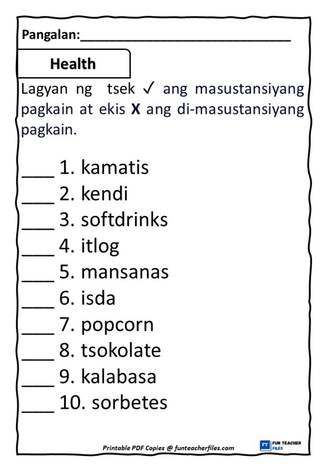 Masustansiya at Di-masustansiyang Pagkain Worksheets Set 2 - Fun ...