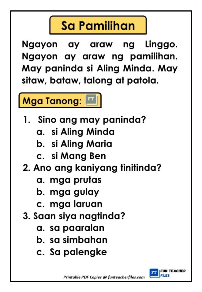 Filipino Reading Materials with Comprehension Questions Set 3 - Fun ...