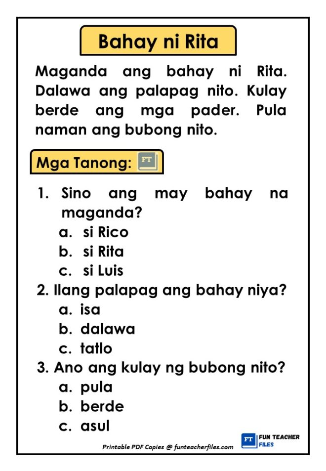 Filipino Reading Materials with Comprehension Questions Set 3 - Fun ...