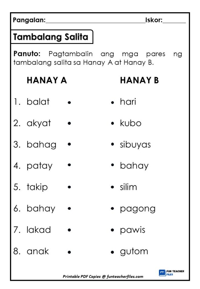 Tambalang Salita Worksheet 1 - Fun Teacher Files