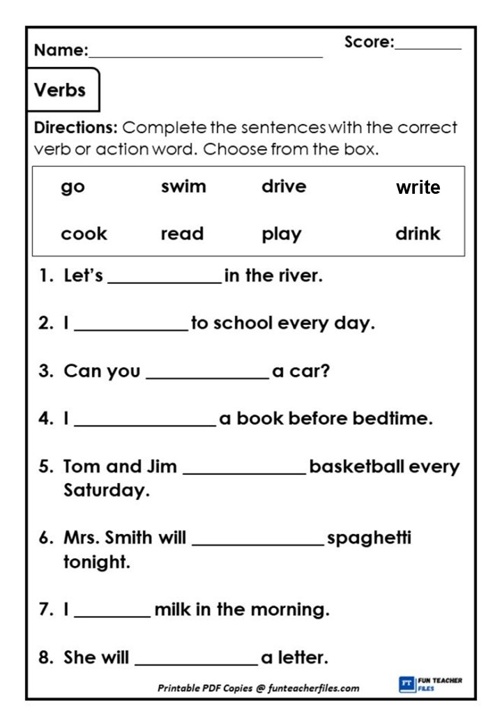 Verb or Action Word Worksheet 3 - Fun Teacher Files