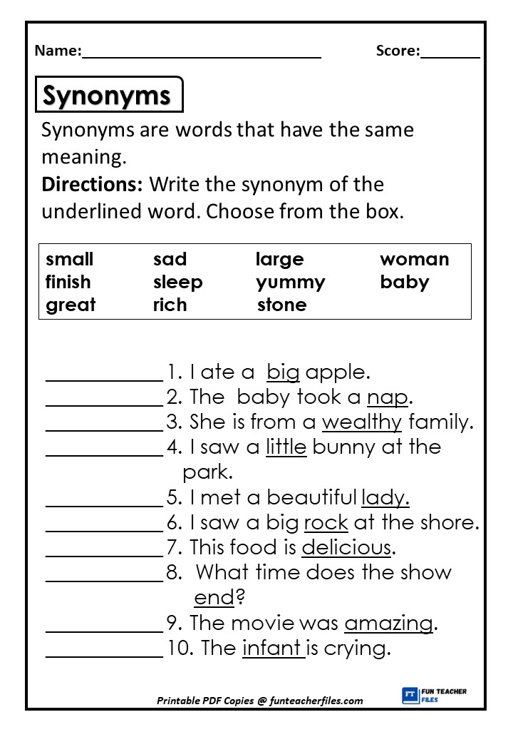 Synonyms Worksheet 2 - Fun Teacher Files