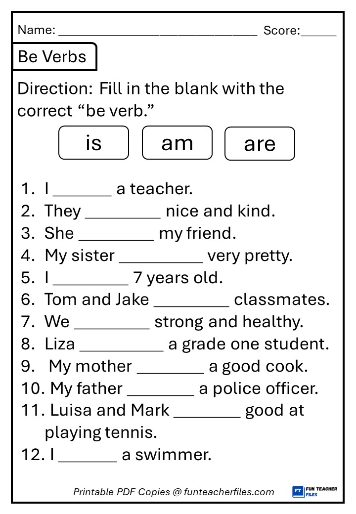 Be Verbs: Is, Am, Are Worksheet 1 - Fun Teacher Files