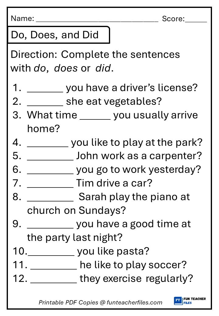 Do, Does And Did Worksheet 1 - Fun Teacher Files