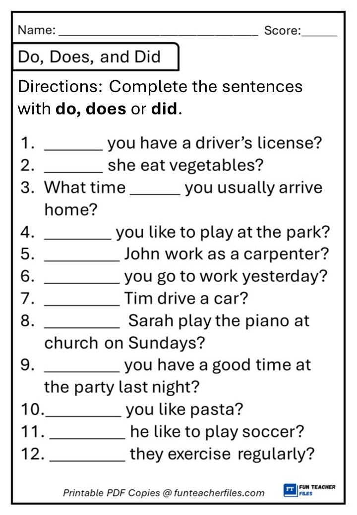 Do, Does and Did Worksheet 1 - Fun Teacher Files