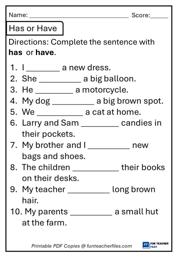 Has or Have Worksheet 1 - Fun Teacher Files