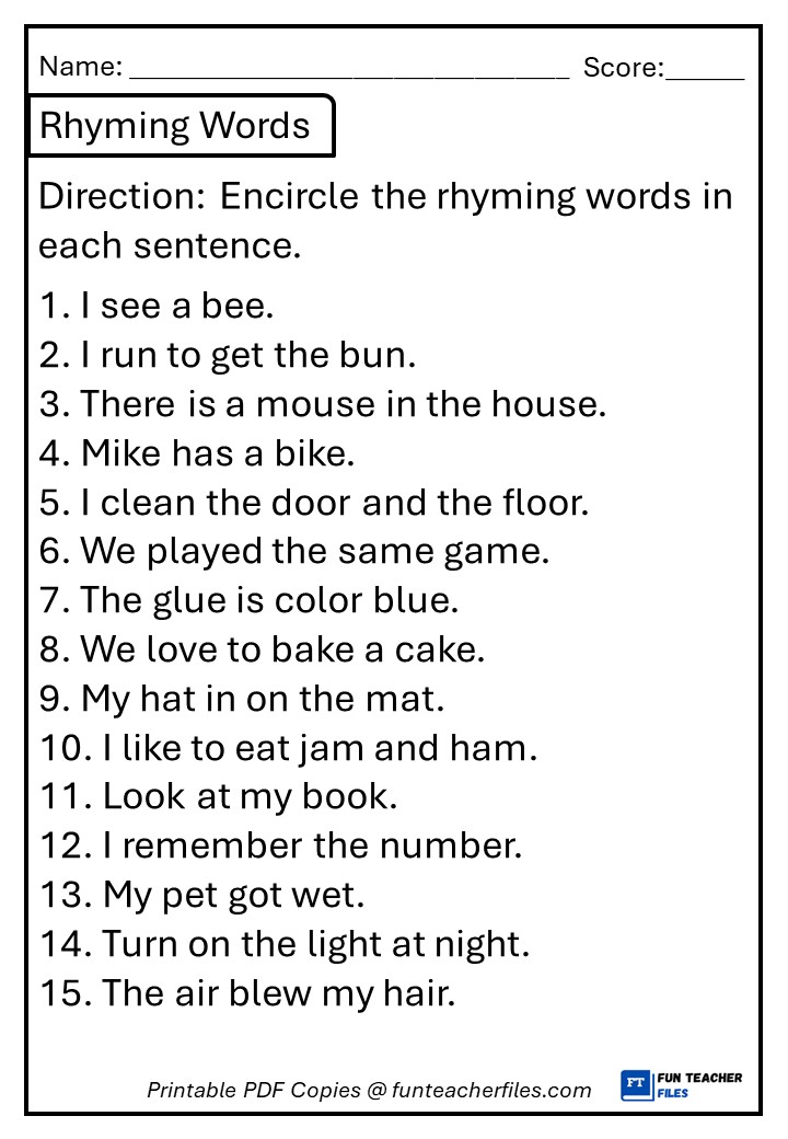 Rhyming Words Worksheet 2 - Fun Teacher Files