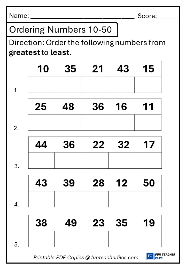 Ordering Numbers 10-50 Greatest to Least - Fun Teacher Files