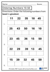 Ordering Numbers 10-50 Least to Greatest - Fun Teacher Files