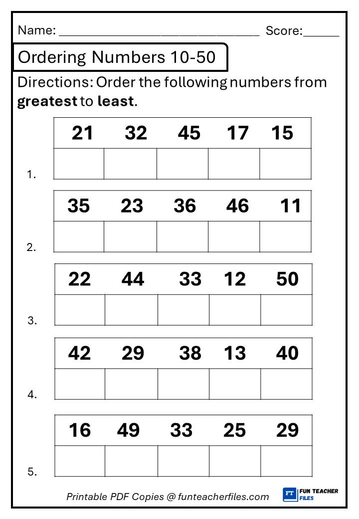 Ordering Numbers 10-50 Greatest to Least - Fun Teacher Files