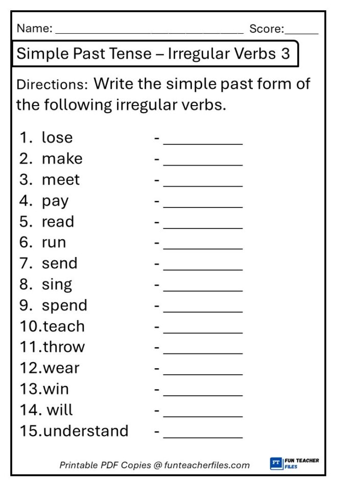 Irregular Verbs Simple Past Tense Worksheets - Fun Teacher Files