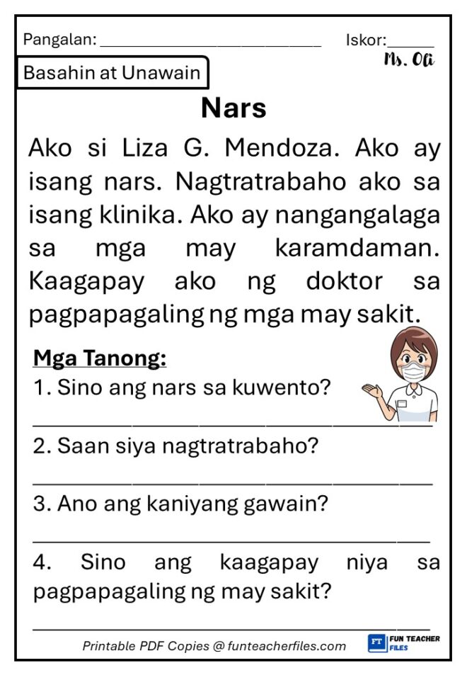 Filipino Reading Materials with Comprehension Questions Set 7 - Trabaho ...