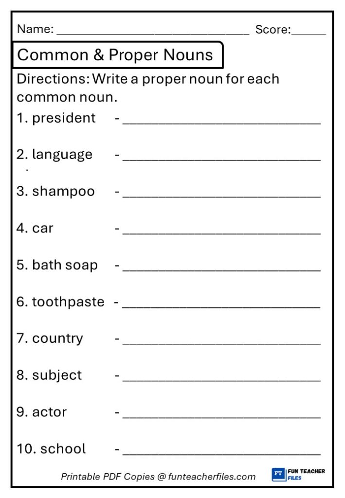 Common Noun & Proper Noun Worksheet 1 - Fun Teacher Files