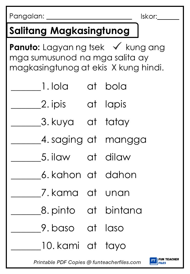 Salitang Magkasingtunog Worksheet 2 - Fun Teacher Files