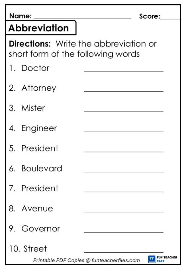 Abbreviation Worksheet 1 - Fun Teacher Files