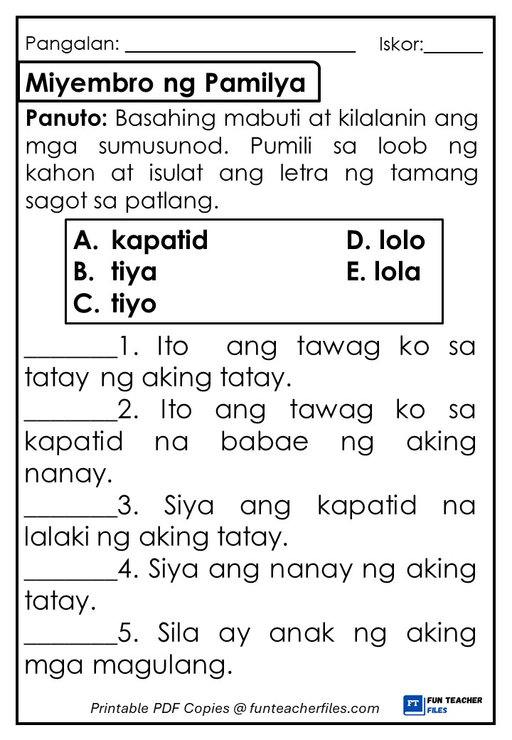 Miyembro ng Pamilya Worksheet 1 - Fun Teacher Files