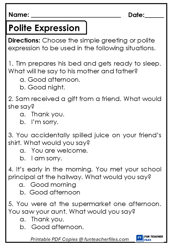 Polite Expressions Worksheet 1 - Fun Teacher Files