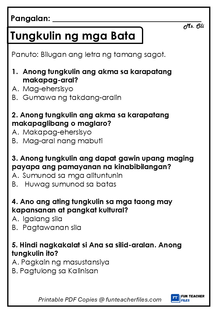 Tungkulin ng mga Bata Worksheet 1 - Fun Teacher Files