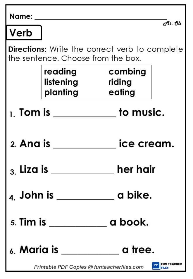 Verbs Worksheet 3 - Fun Teacher Files
