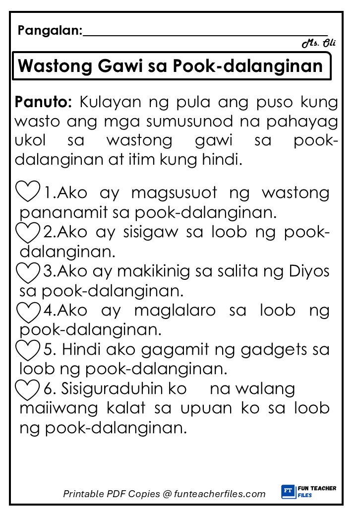 Wastong Gawi sa Loob ng Pook-dalanginan Worksheet 1 - Fun Teacher Files