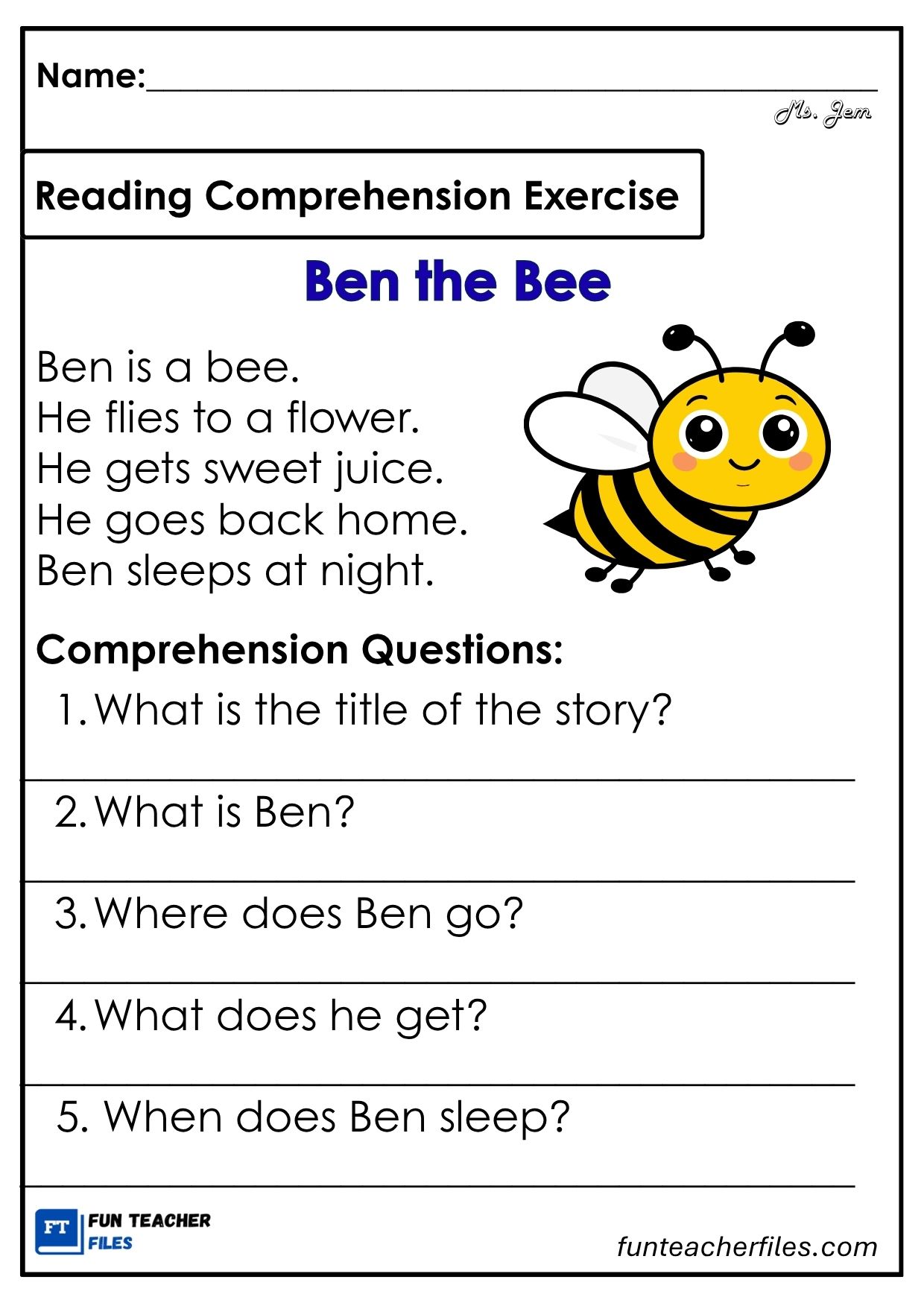 Reading Comprehension Exercises Set 7 - Insects - Fun Teacher Files